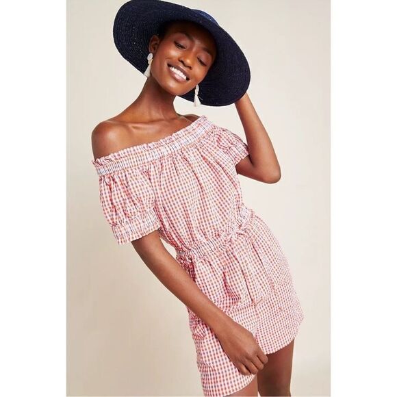 Anthropologie Gingham Off the Shoulder Seersucker Romper Size Medium - Picture 1 of 9